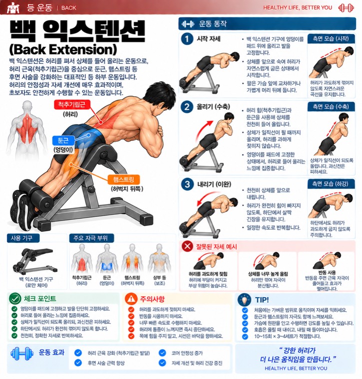 백 익스텐션 요약 — 자극 부위, 동작 단계, 잘못된 자세, 체크포인트