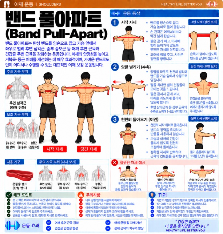 밴드 풀아파트 요약 — 자극 부위, 동작 단계, 잘못된 자세, 체크포인트