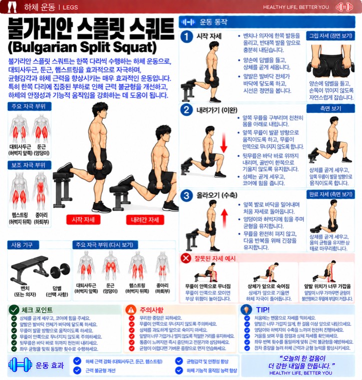 불가리안 스플릿 스쿼트 요약 — 자극 부위, 동작 단계, 잘못된 자세, 체크포인트