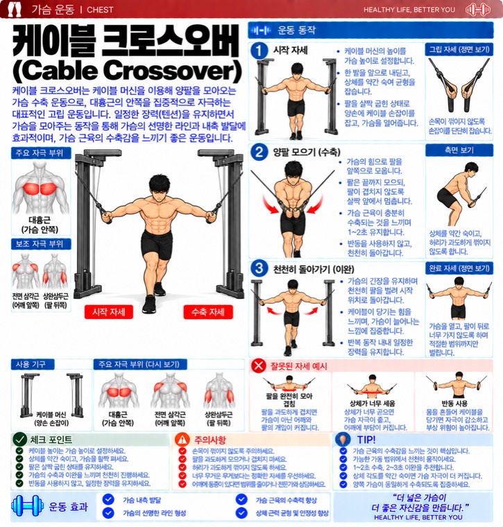 케이블 크로스오버 요약 — 자극 부위, 동작 단계, 잘못된 자세, 체크포인트