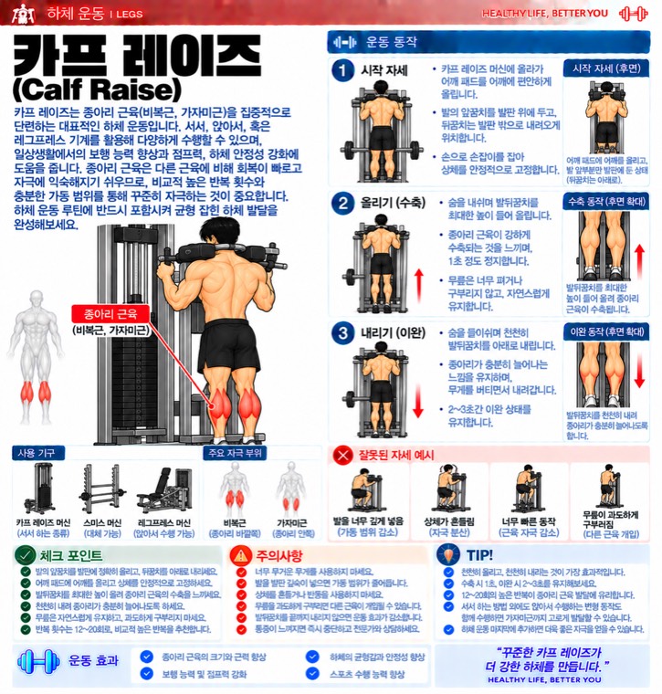카프 레이즈 요약 — 자극 부위, 동작 단계, 잘못된 자세, 체크포인트