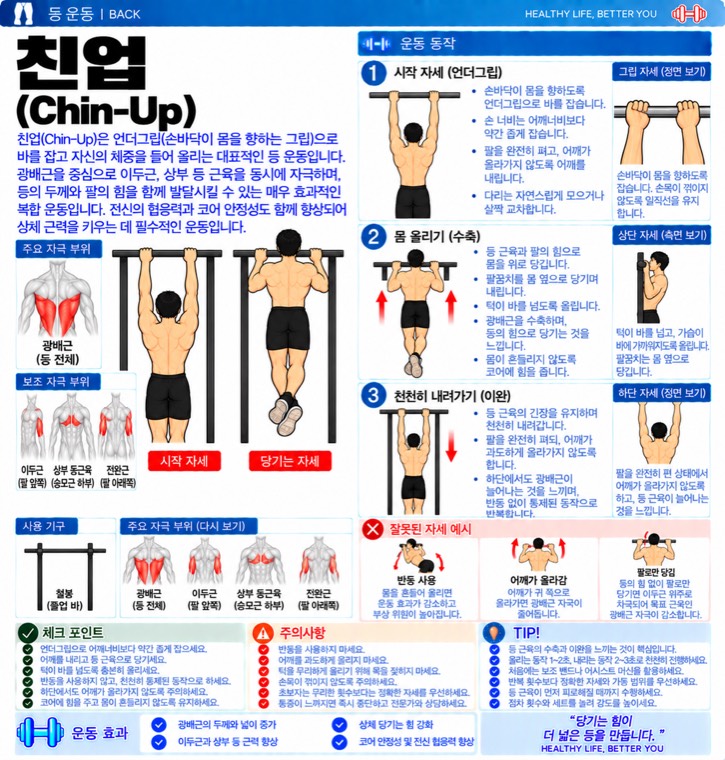 친업 요약 — 자극 부위, 동작 단계, 잘못된 자세, 체크포인트