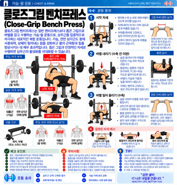 클로즈그립 벤치프레스 요약 — 자극 부위, 동작 단계, 잘못된 자세, 체크포인트