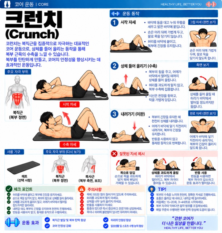크런치 요약 — 자극 부위, 동작 단계, 잘못된 자세, 체크포인트