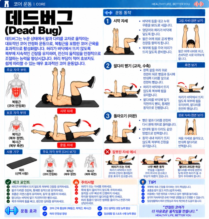 데드버그 요약 — 자극 부위, 동작 단계, 잘못된 자세, 체크포인트