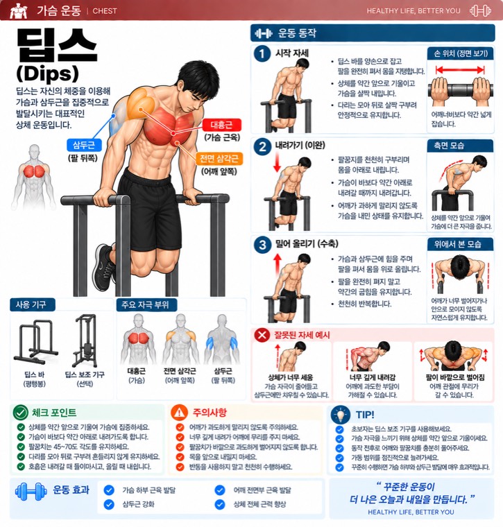 딥스 요약 — 자극 부위, 동작 단계, 잘못된 자세, 체크포인트