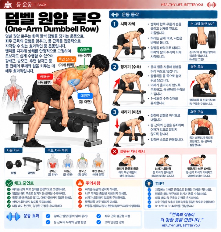 덤벨 원암 로우 요약 — 자극 부위, 동작 단계, 잘못된 자세, 체크포인트