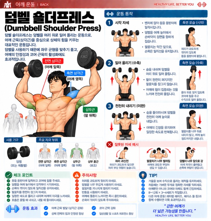 덤벨 숄더프레스 요약 — 자극 부위, 동작 단계, 잘못된 자세, 체크포인트