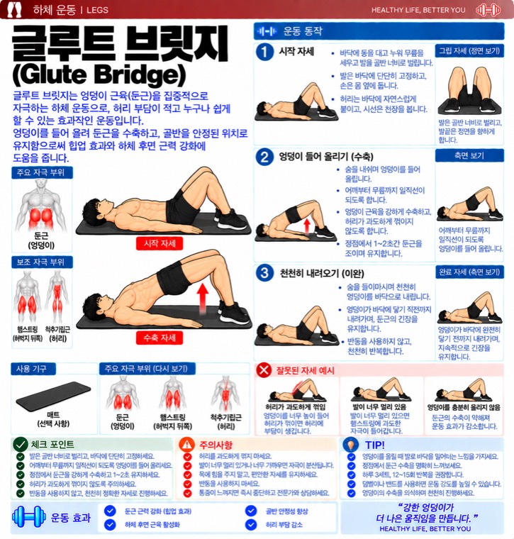 글루트 브릿지 요약 — 자극 부위, 동작 단계, 잘못된 자세, 체크포인트