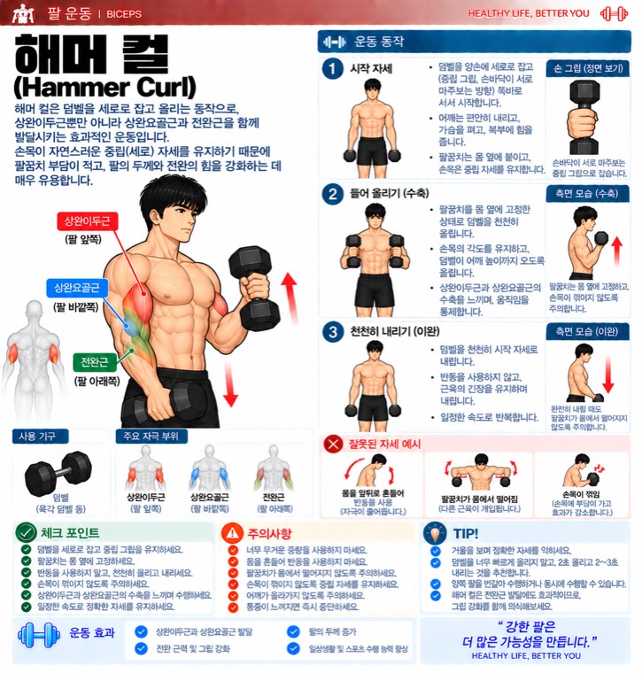 해머 컬 요약 — 자극 부위, 동작 단계, 잘못된 자세, 체크포인트