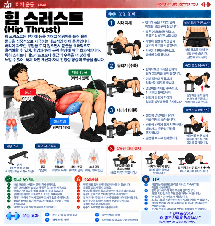힙 스러스트 요약 — 자극 부위, 동작 단계, 잘못된 자세, 체크포인트
