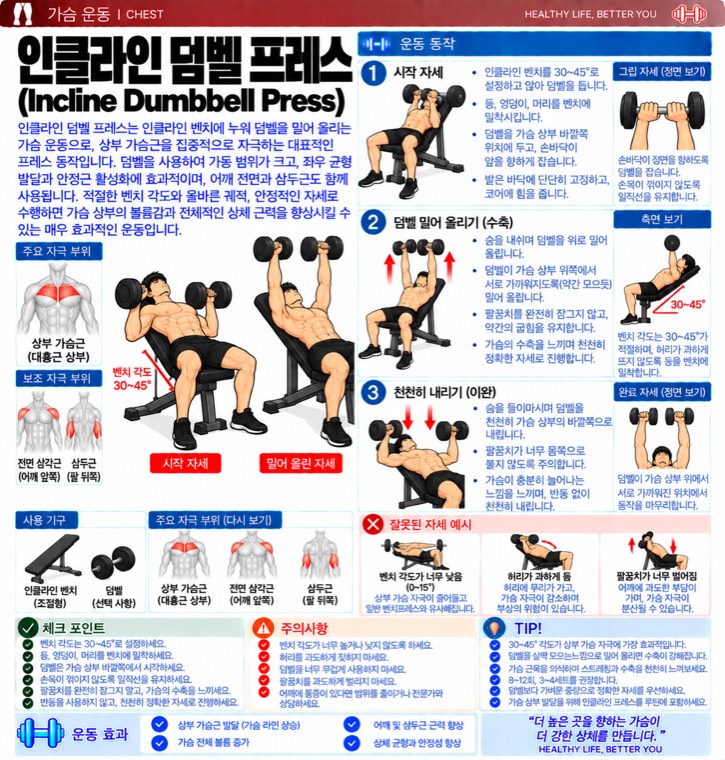 인클라인 덤벨 프레스 요약 — 자극 부위, 동작 단계, 잘못된 자세, 체크포인트
