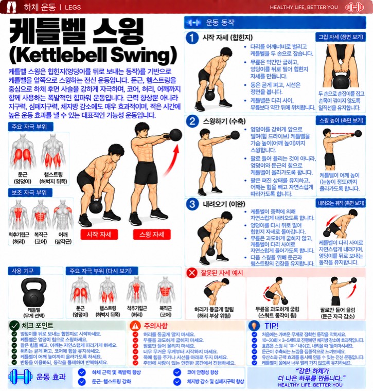 케틀벨 스윙 요약 — 자극 부위, 동작 단계, 잘못된 자세, 체크포인트