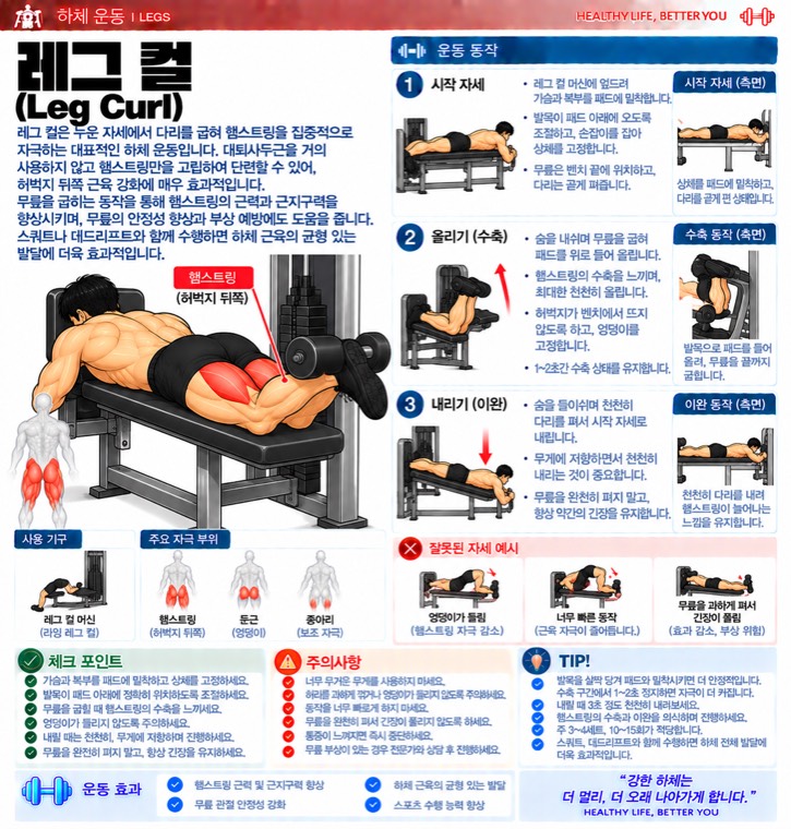 레그 컬 요약 — 자극 부위, 동작 단계, 잘못된 자세, 체크포인트