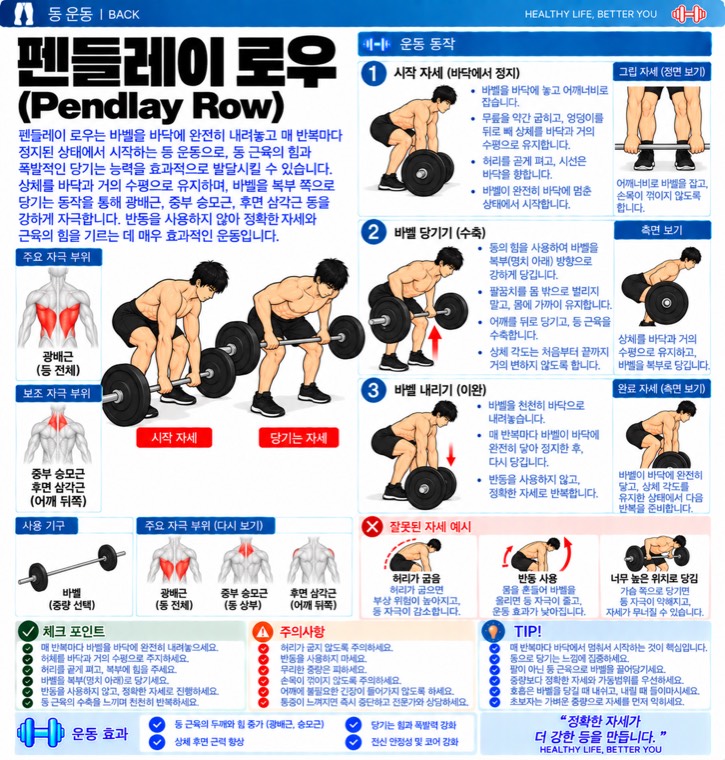 펜들레이 로우 요약 — 자극 부위, 동작 단계, 잘못된 자세, 체크포인트