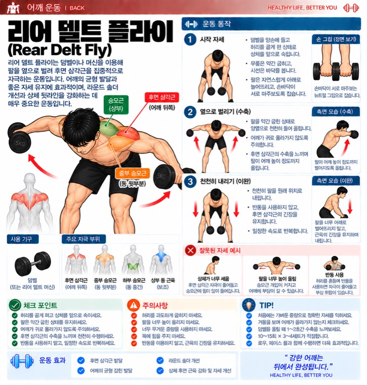 리어 델트 플라이 요약 — 자극 부위, 동작 단계, 잘못된 자세, 체크포인트