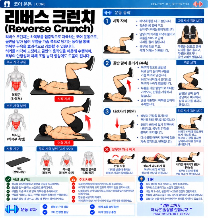 리버스 크런치 요약 — 자극 부위, 동작 단계, 잘못된 자세, 체크포인트