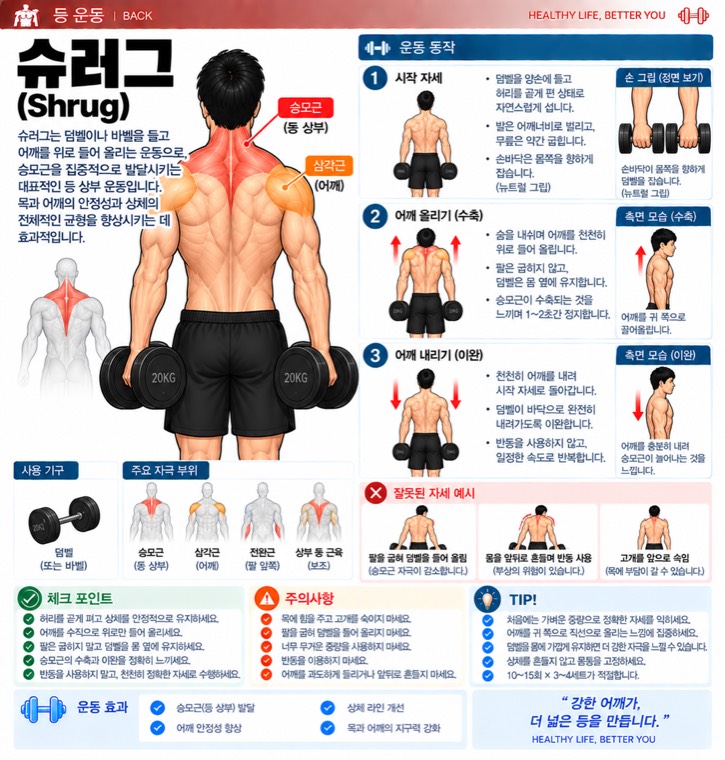 슈러그 요약 — 자극 부위, 동작 단계, 잘못된 자세, 체크포인트