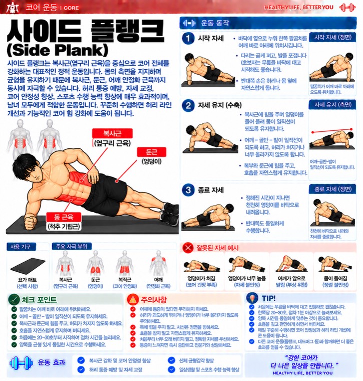 사이드 플랭크 요약 — 자극 부위, 동작 단계, 잘못된 자세, 체크포인트